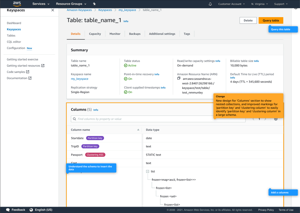 Table details page with frozen collections