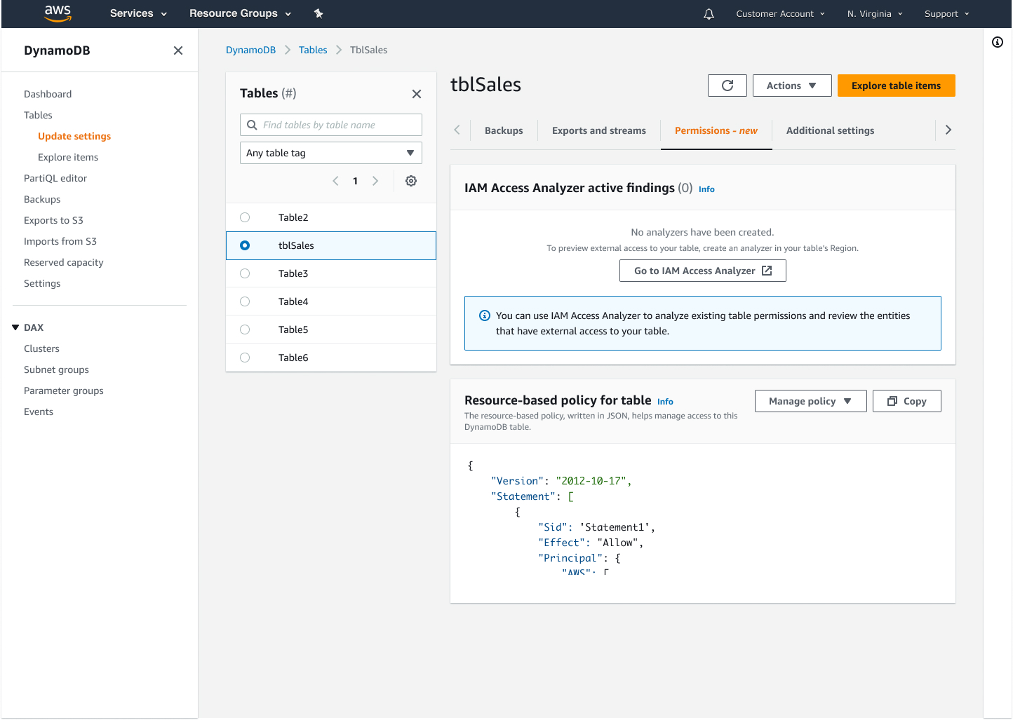 Permission tab in table details page