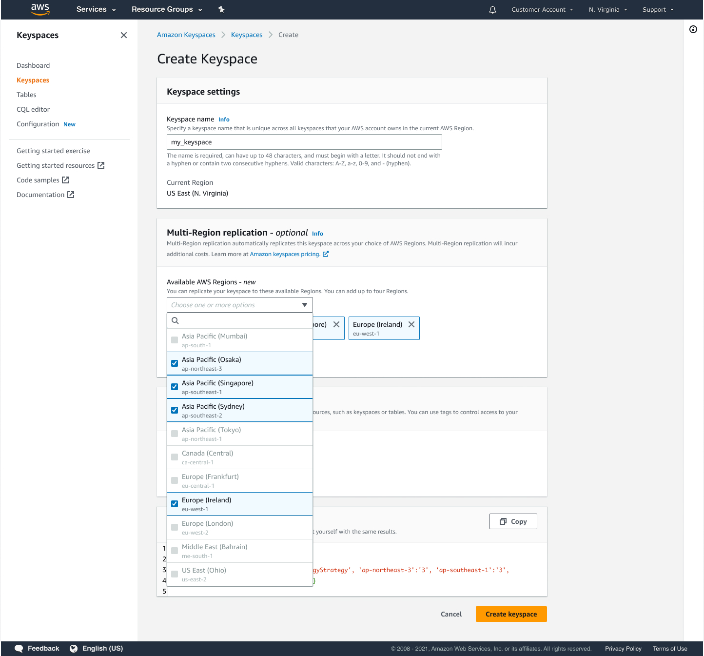 Create keyspaces with replication strategy