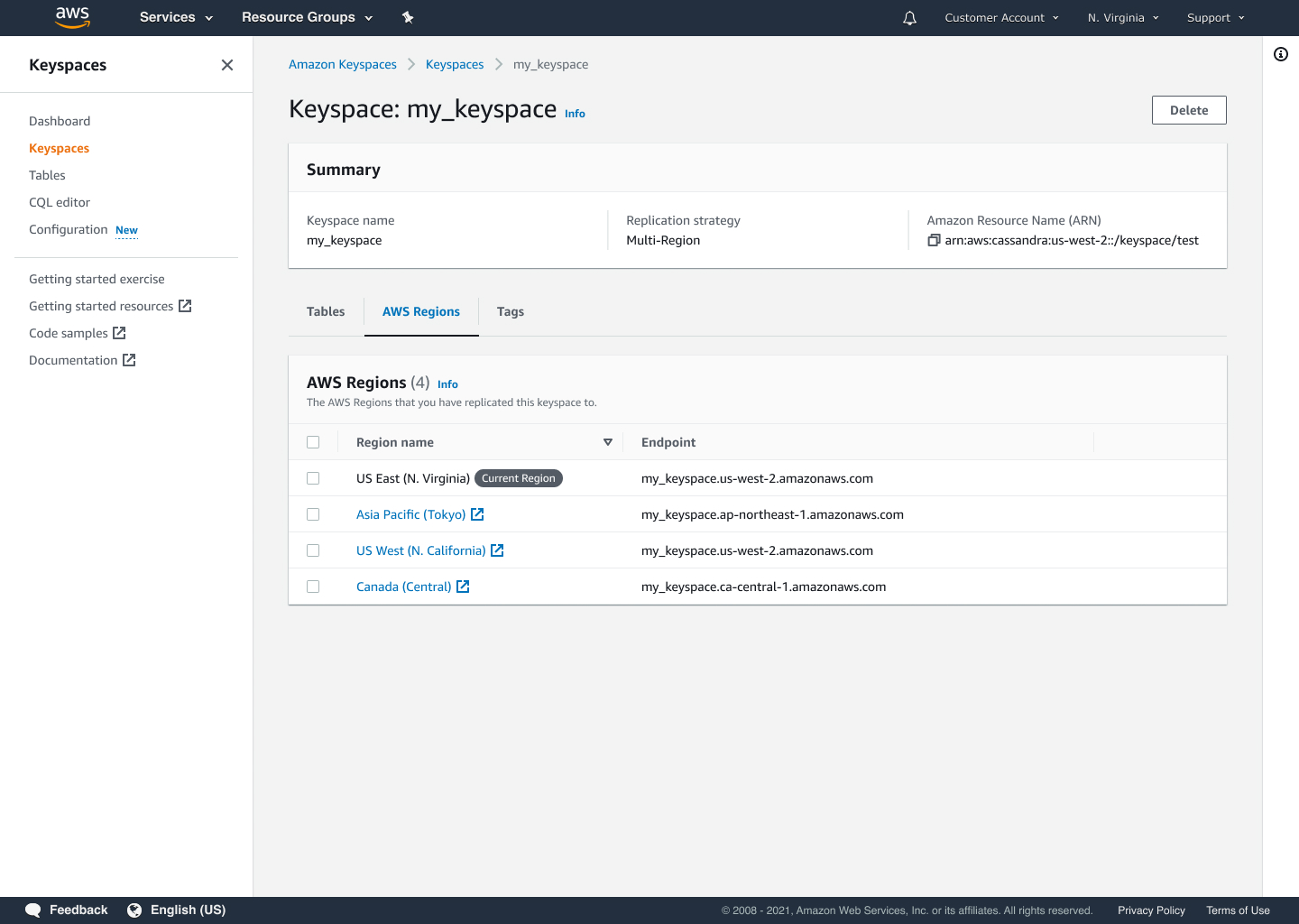 Keyspaces detail view with AWS Regions tab