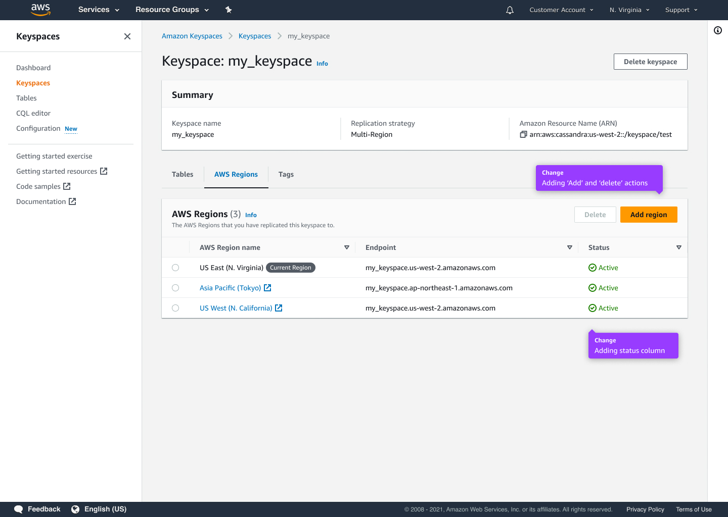 Key changes in keyspaces details tab for phase 2