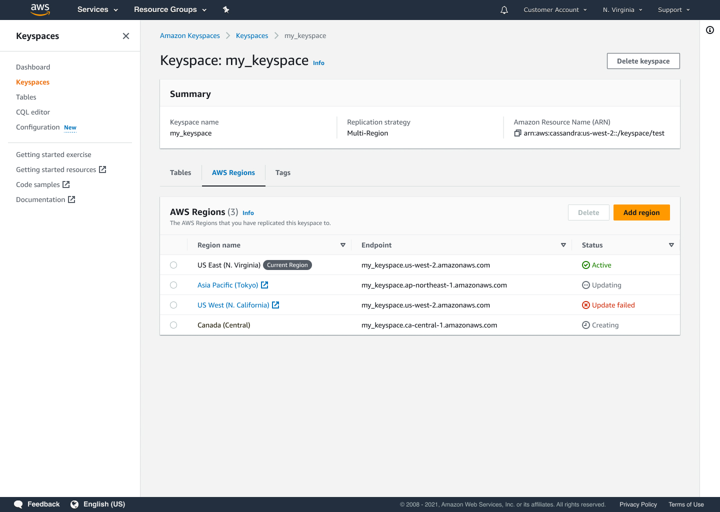 Key changes in keyspaces details tab for phase 2