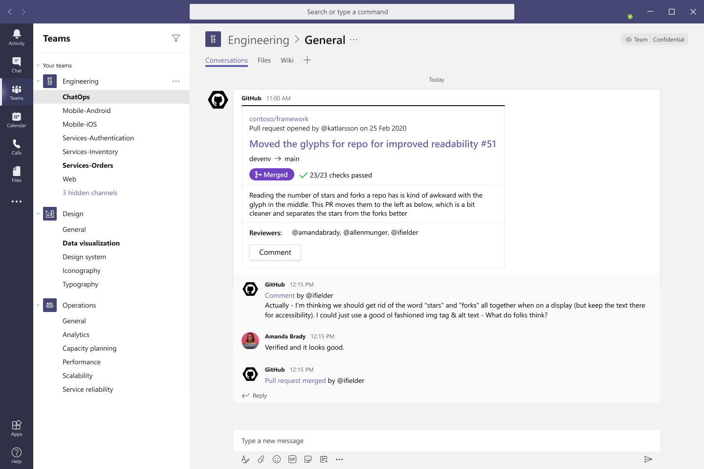 PR notification card, a comment from a user and follow up conversation