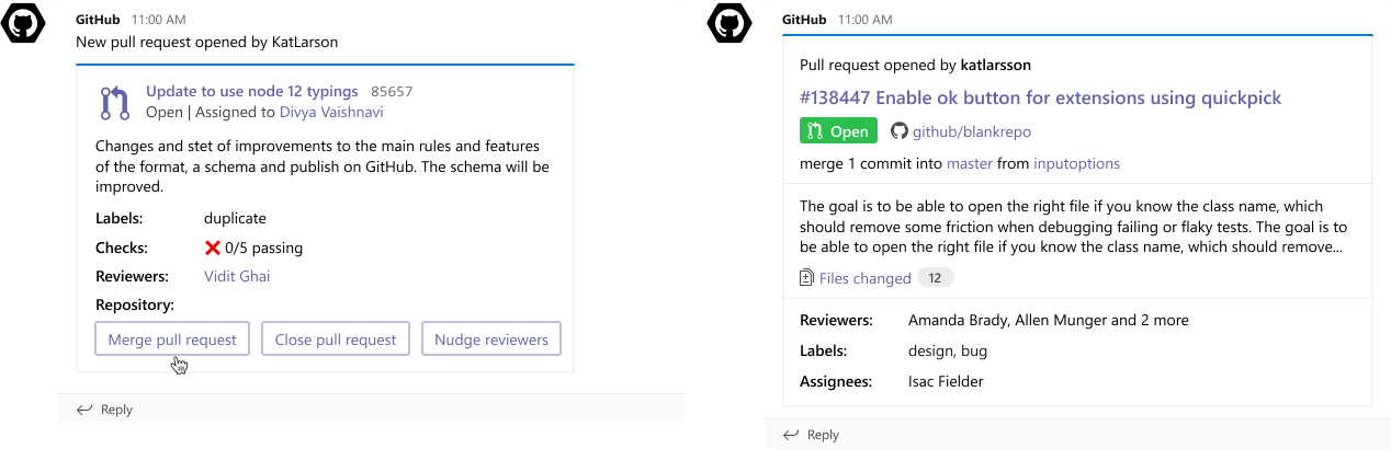 Early iterations of "Pull Request" notification card (iteration 1, iteration 2)