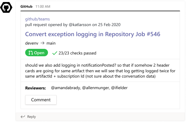Final design of pull request notification card