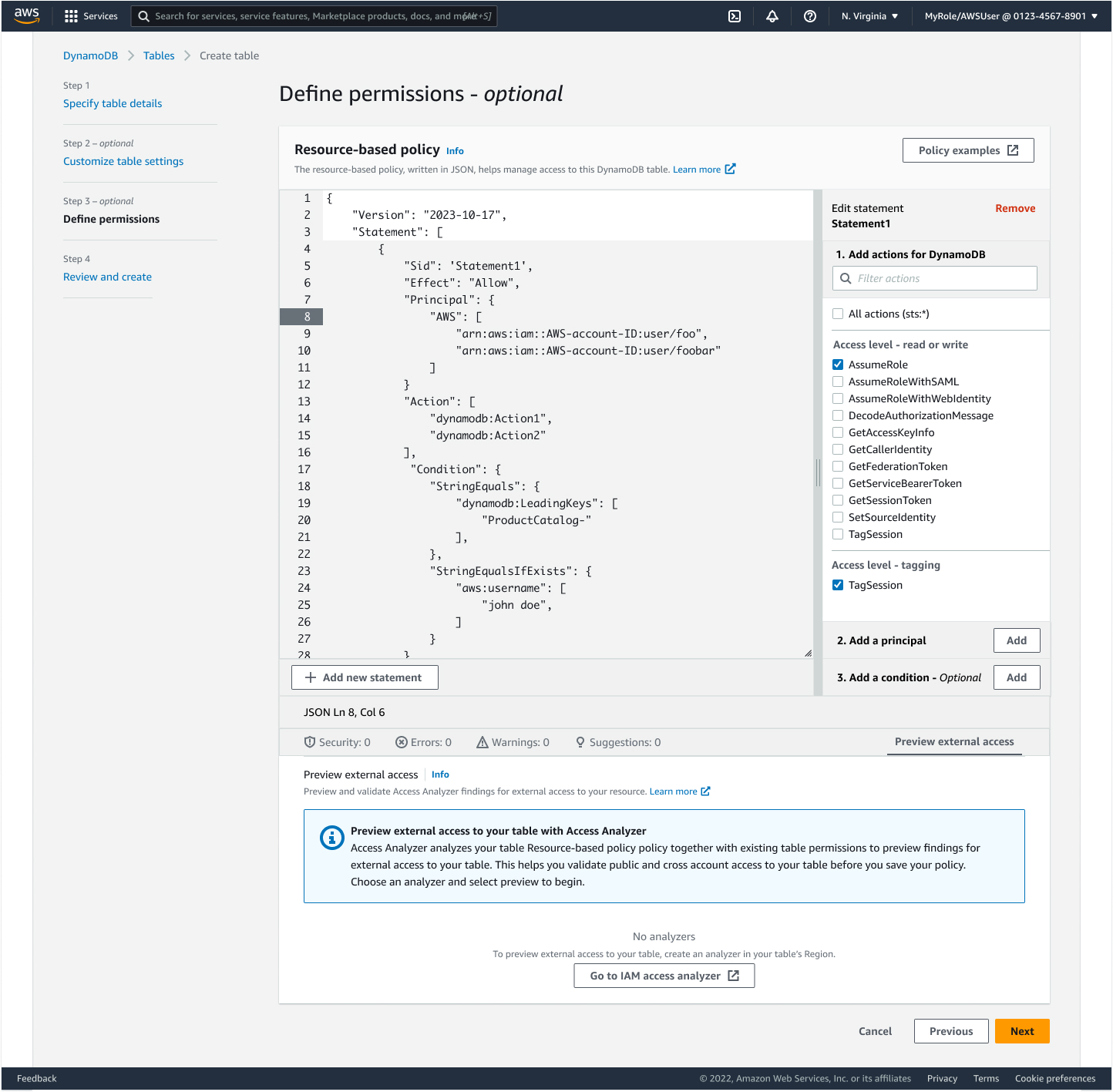 Multi-step create flow step 3, dedicated step to define permissions using policy widget
