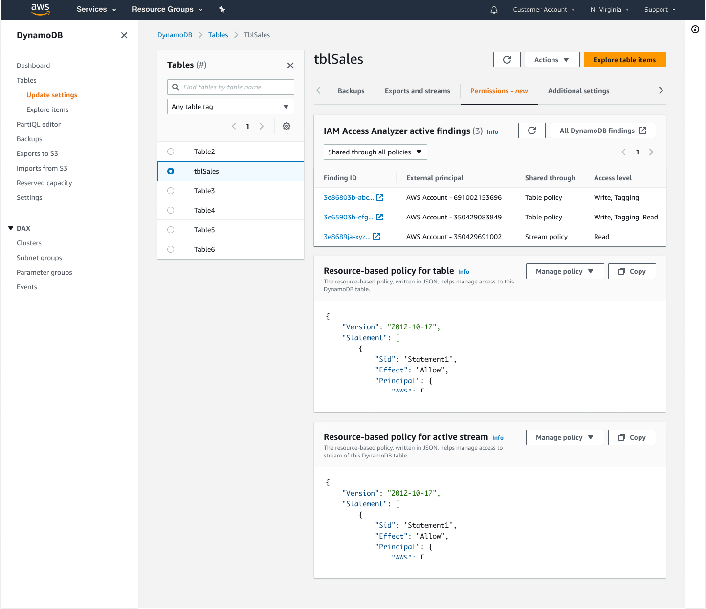 Table detail view with a dedicated table to manage permissions for the table